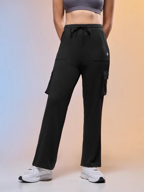 Women Solid Straight Fit Cargo Trackpants W-152 (Black)