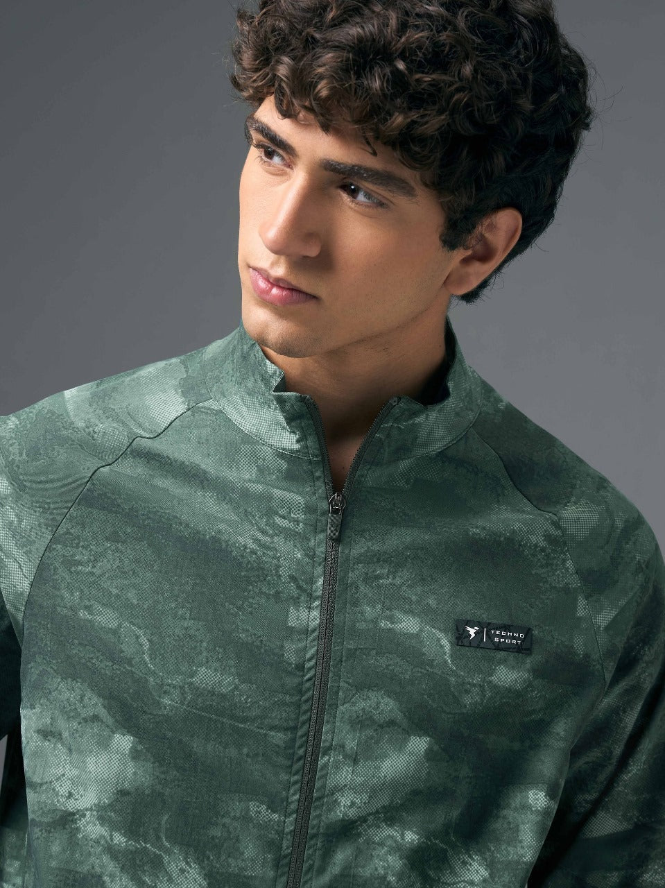 Technosport Printed Slim Fit Mock Neck Jacket OR-92 - Muted Green