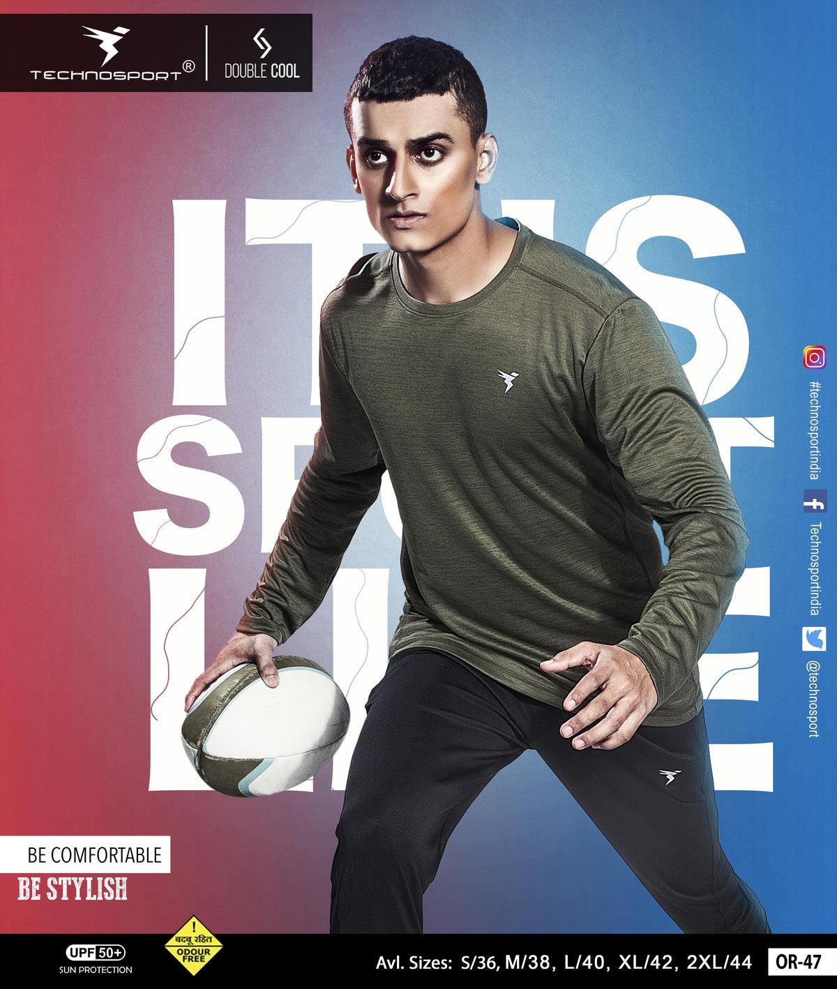 TechnoSport Crew Neck Full Sleeve Dry Fit T Shirt for Men OR-47 - Olive Green