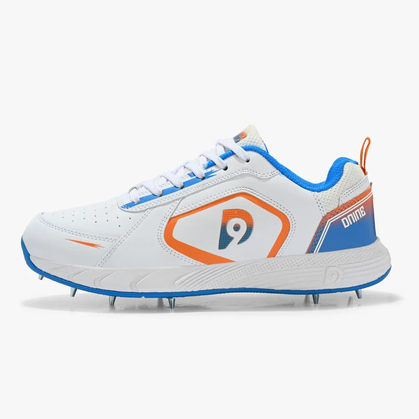 Dnine Thunder Batting Spike Cricket Shoes (White/Blue)