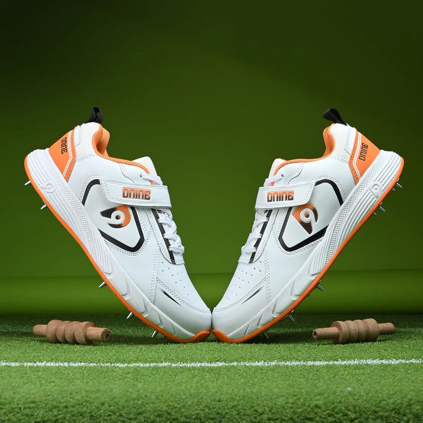 Dnine Bolt Bowling Spike Cricket Shoes (White/Orange)