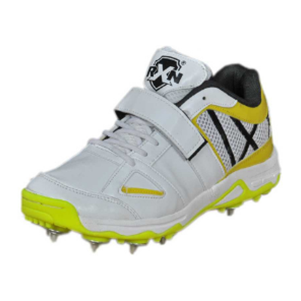 RXN Hattrick Spikes Cricket Shoes (White/Yellow/Black)