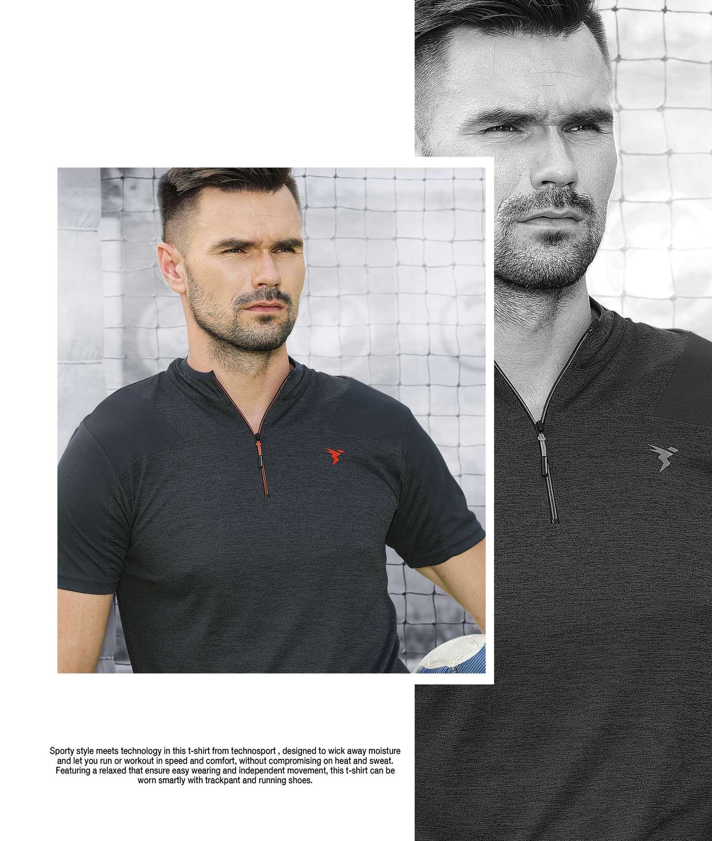 Technosport T Neck Half Zip Half Sleeve Dry Fit T Shirt for Men P 512 Black