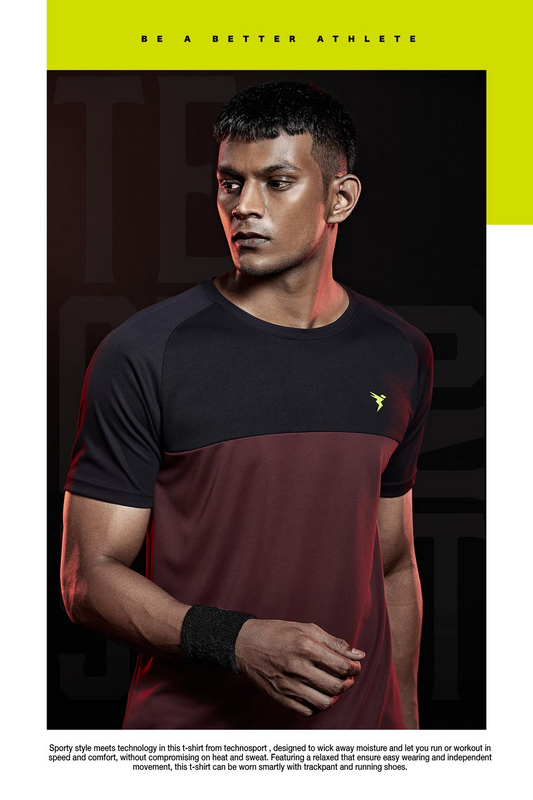 TechnoSport Crew Neck Half Sleeve Dry Fit T-Shirt for Men P 536 Maroon Black