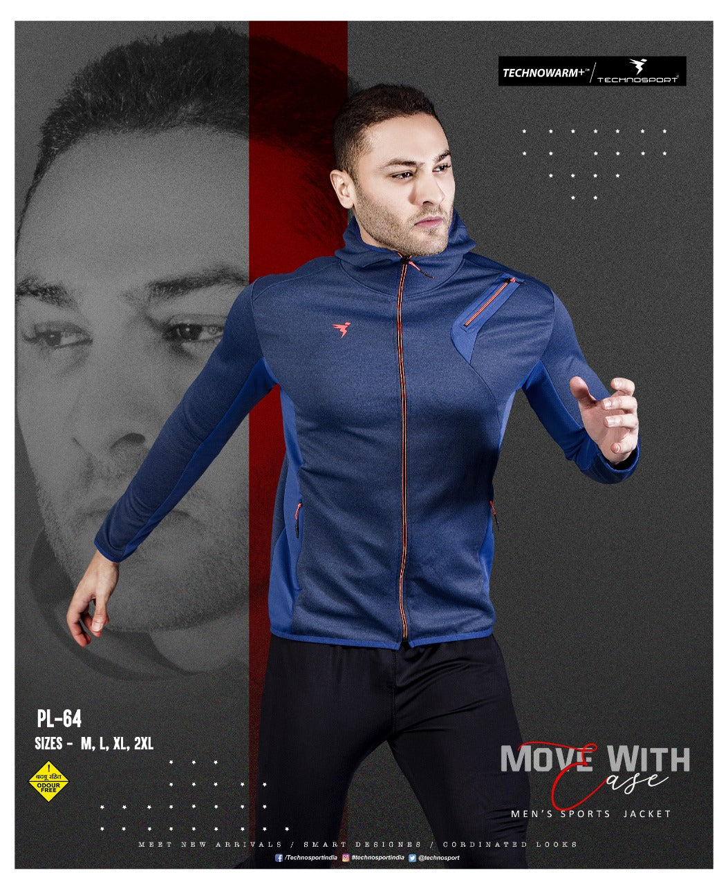 TechnoSport Full Sleeve Dry Fit Hoodie Jacket for Men PL-64 (Deep Blue)