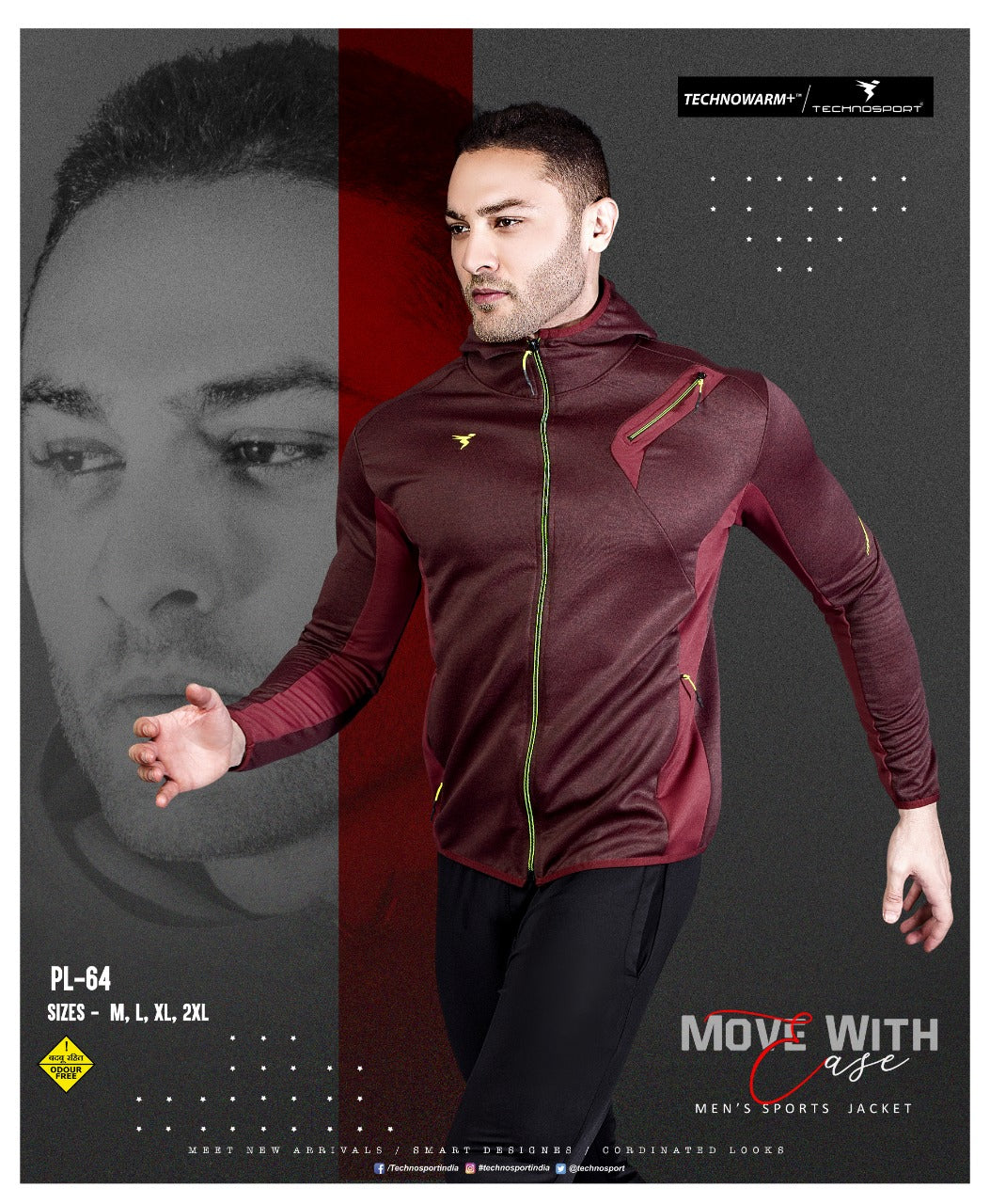 TechnoSport Full Sleeve Dry Fit Hoodie Jacket for Men PL-64 (Maroon)