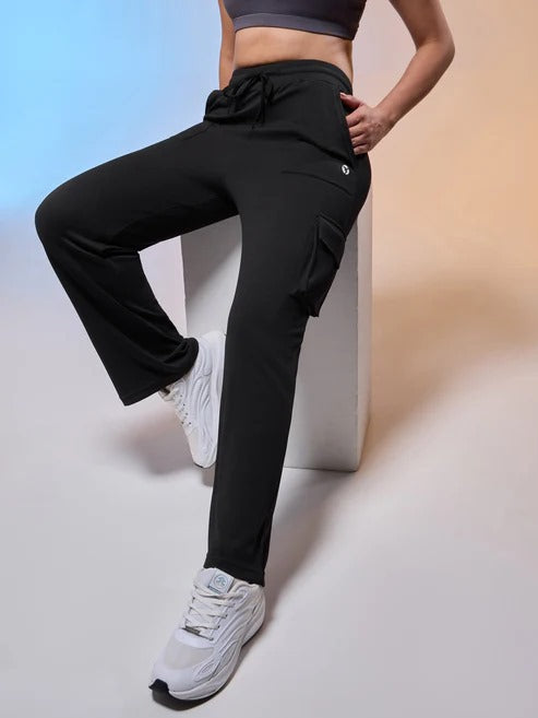 Women Solid Straight Fit Cargo Trackpants W-152 (Black)