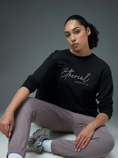 Technosport Solid Slim Fit Round Neck Sports Sweatshirt with ELASTOPLUS For Women WM-15 (Black)