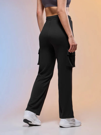 Women Solid Straight Fit Cargo Trackpants W-152 (Black)