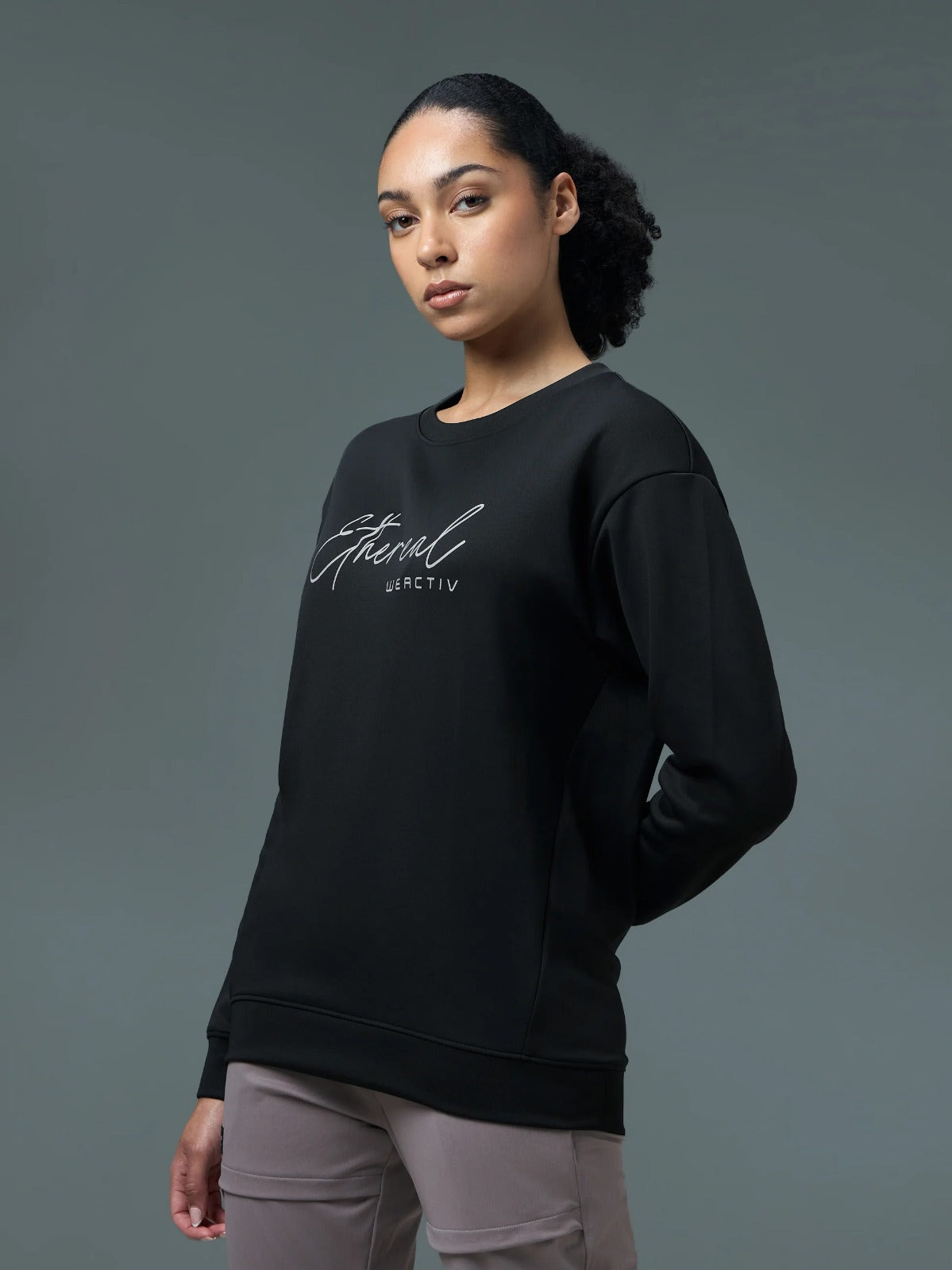 Technosport Solid Slim Fit Round Neck Sports Sweatshirt with ELASTOPLUS For Women WM-15 (Black)