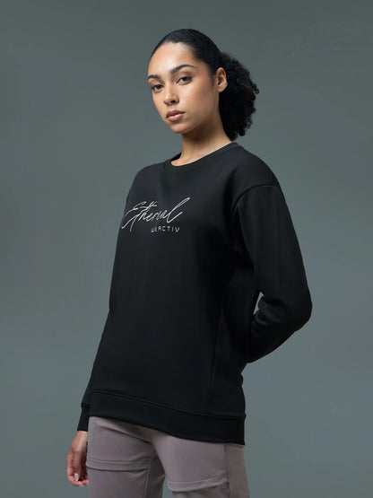 Technosport Solid Slim Fit Round Neck Sports Sweatshirt with ELASTOPLUS For Women WM-15 (Black)