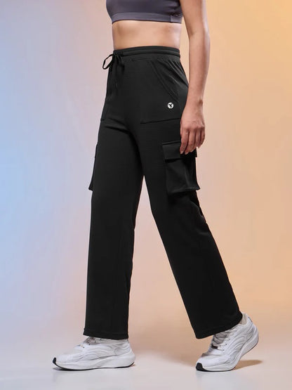 Women Solid Straight Fit Cargo Trackpants W-152 (Black)
