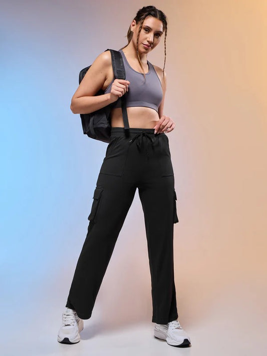 Women Solid Straight Fit Cargo Trackpants W-152 (Black)