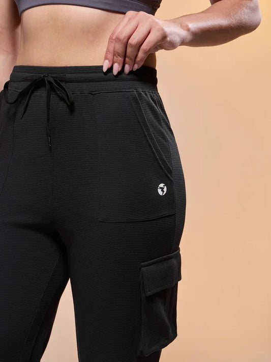 Women Solid Straight Fit Cargo Trackpants W-152 (Black)