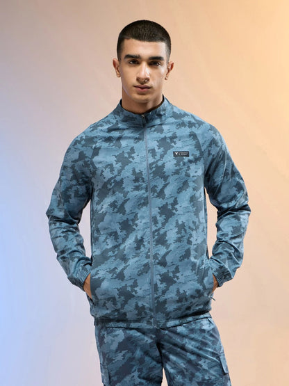 Technosport Printed Slim Fit Mock Neck Jacket OR-92 - Blue Boscage