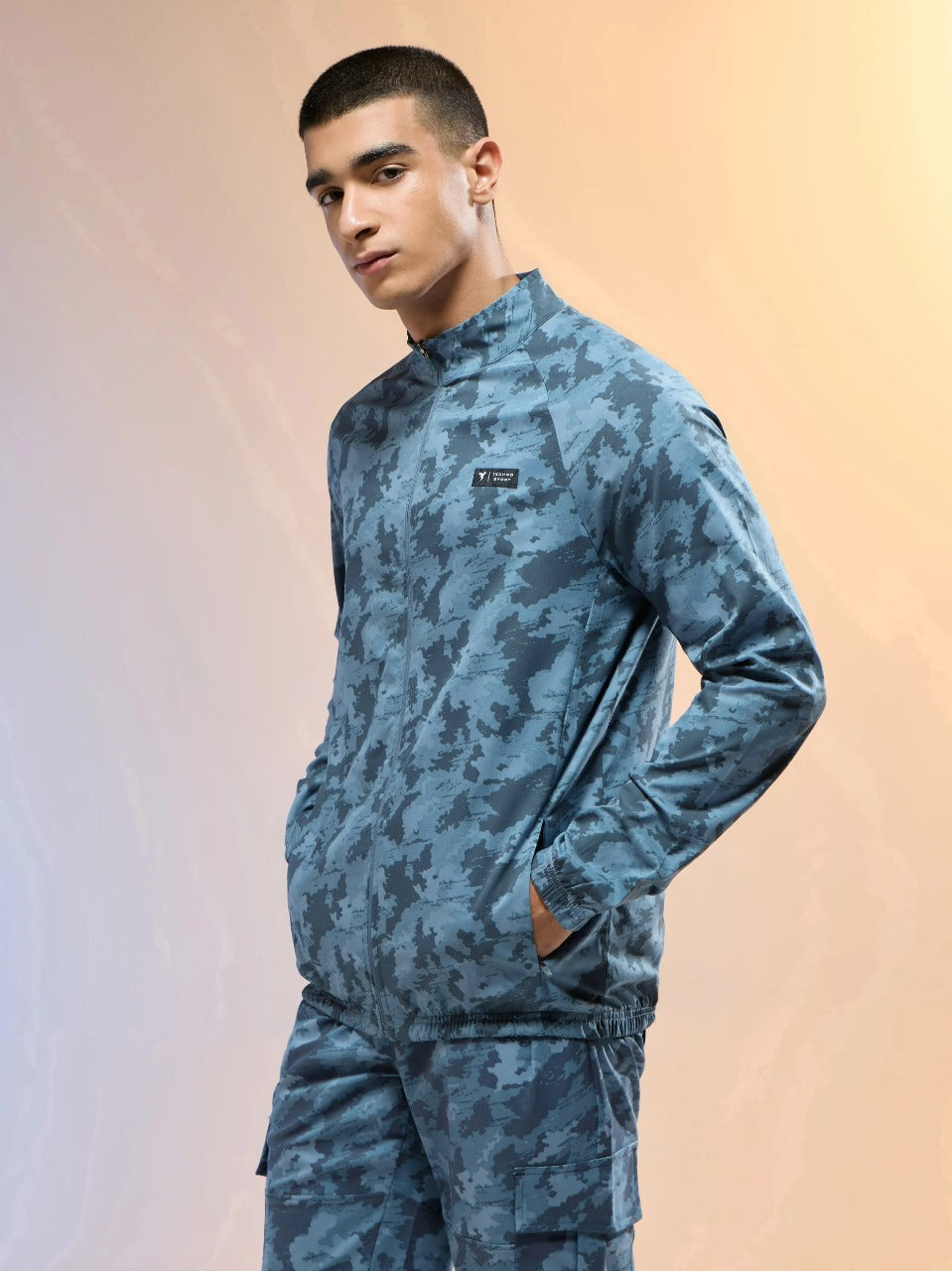Technosport Printed Slim Fit Mock Neck Jacket OR-92 - Blue Boscage