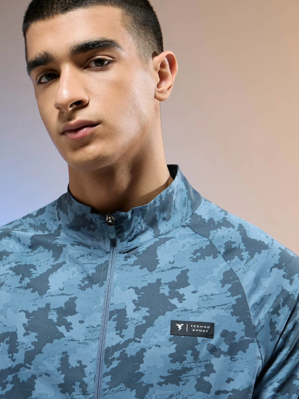 Technosport Printed Slim Fit Mock Neck Jacket OR-92 - Blue Boscage