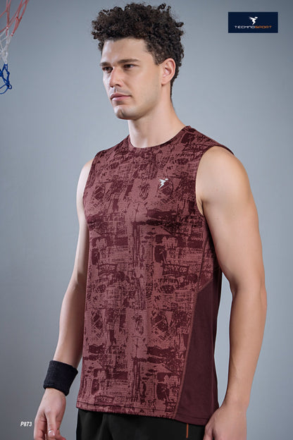 TechnoSport Sublimation U Neck Sleeveless Dry Fit Sando for Men P-873 (Chocolate Truffle)