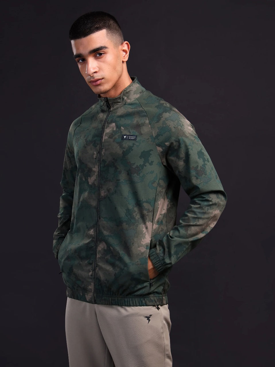 Technosport Printed Slim Fit Mock Neck Jacket with TS FLEXI For Men OR-92 (Green Bog)