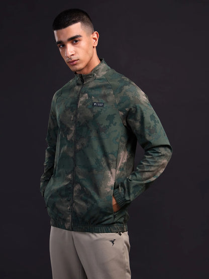 Technosport Printed Slim Fit Mock Neck Jacket with TS FLEXI For Men OR-92 (Green Bog)