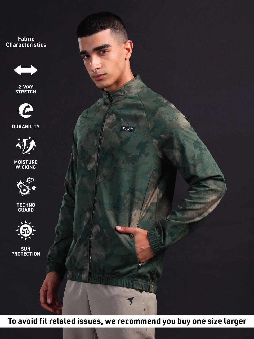 Technosport Printed Slim Fit Mock Neck Jacket with TS FLEXI For Men OR-92 (Green Bog)