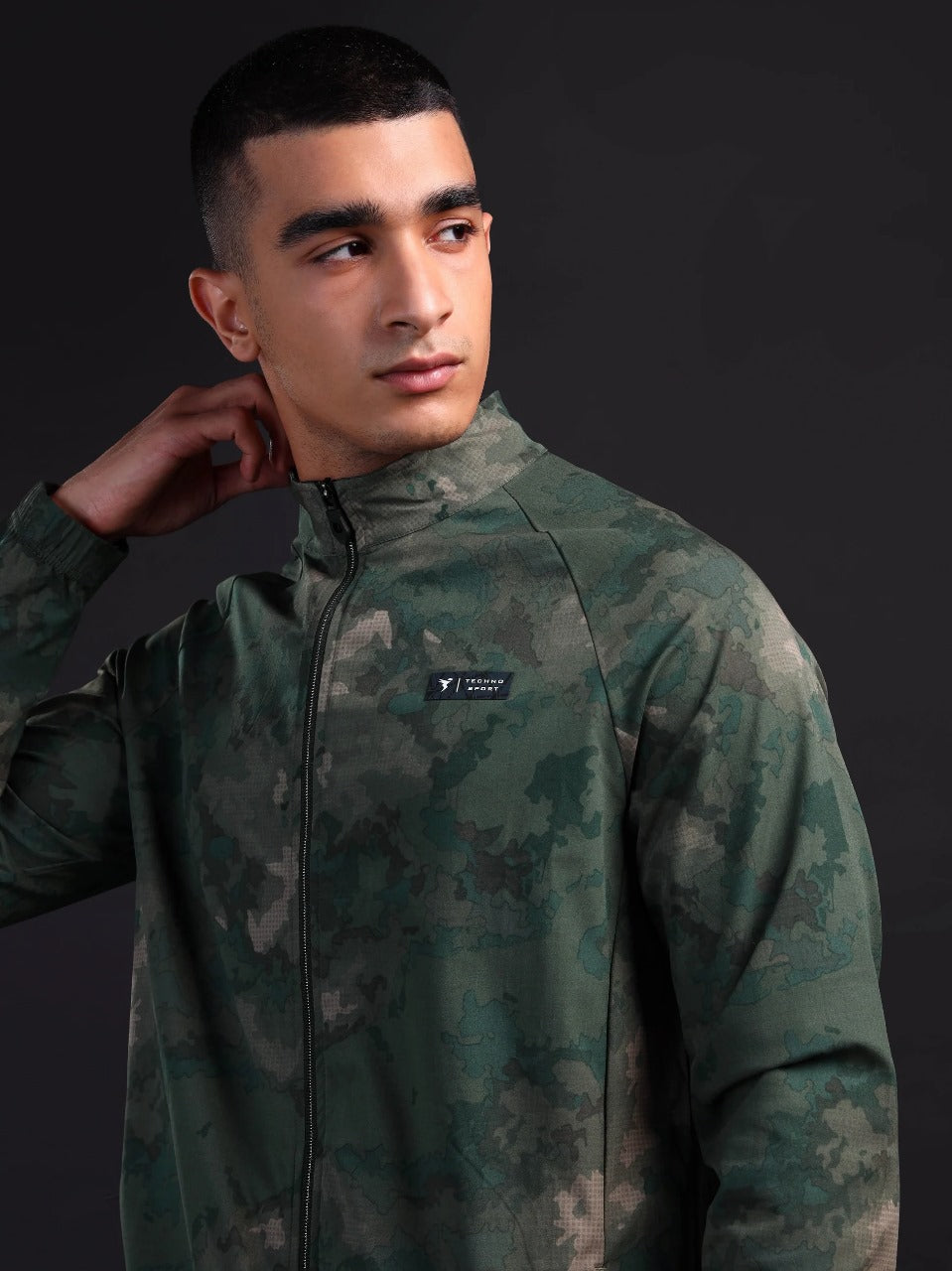 Technosport Printed Slim Fit Mock Neck Jacket with TS FLEXI For Men OR-92 (Green Bog)