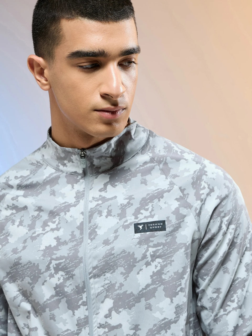 Technosport Printed Slim Fit Mock Neck Jacket with TS FLEXI For Men OR-92 (Grey Boscage)