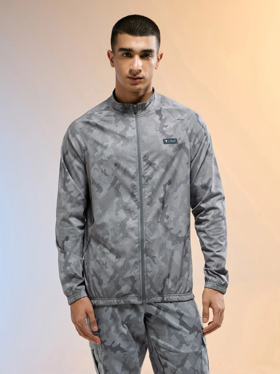Technosport Printed Slim Fit Mock Neck Jacket OR-92 - Grey Mist