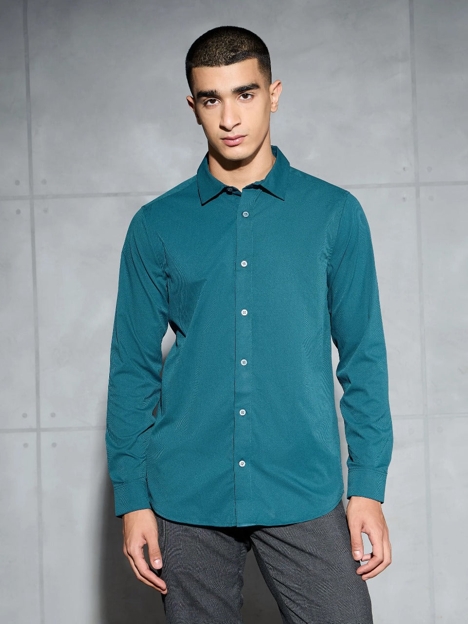 Technosport Solid Slim Fit Spread Collar Shirt with TS LYTRA For Men P-823 (Gulf Coast)