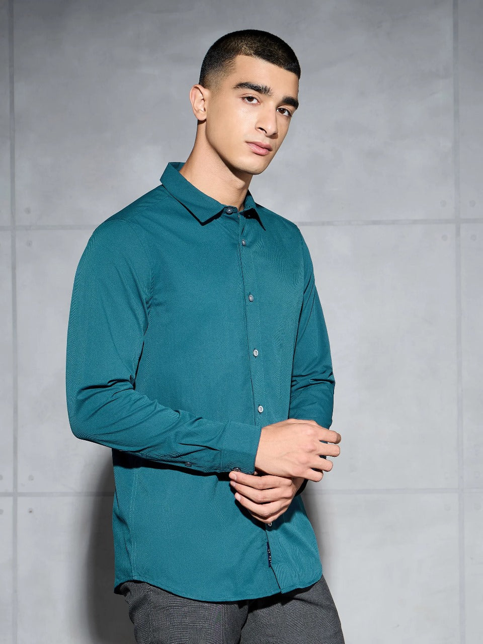 Technosport Solid Slim Fit Spread Collar Shirt with TS LYTRA For Men P-823 (Gulf Coast)