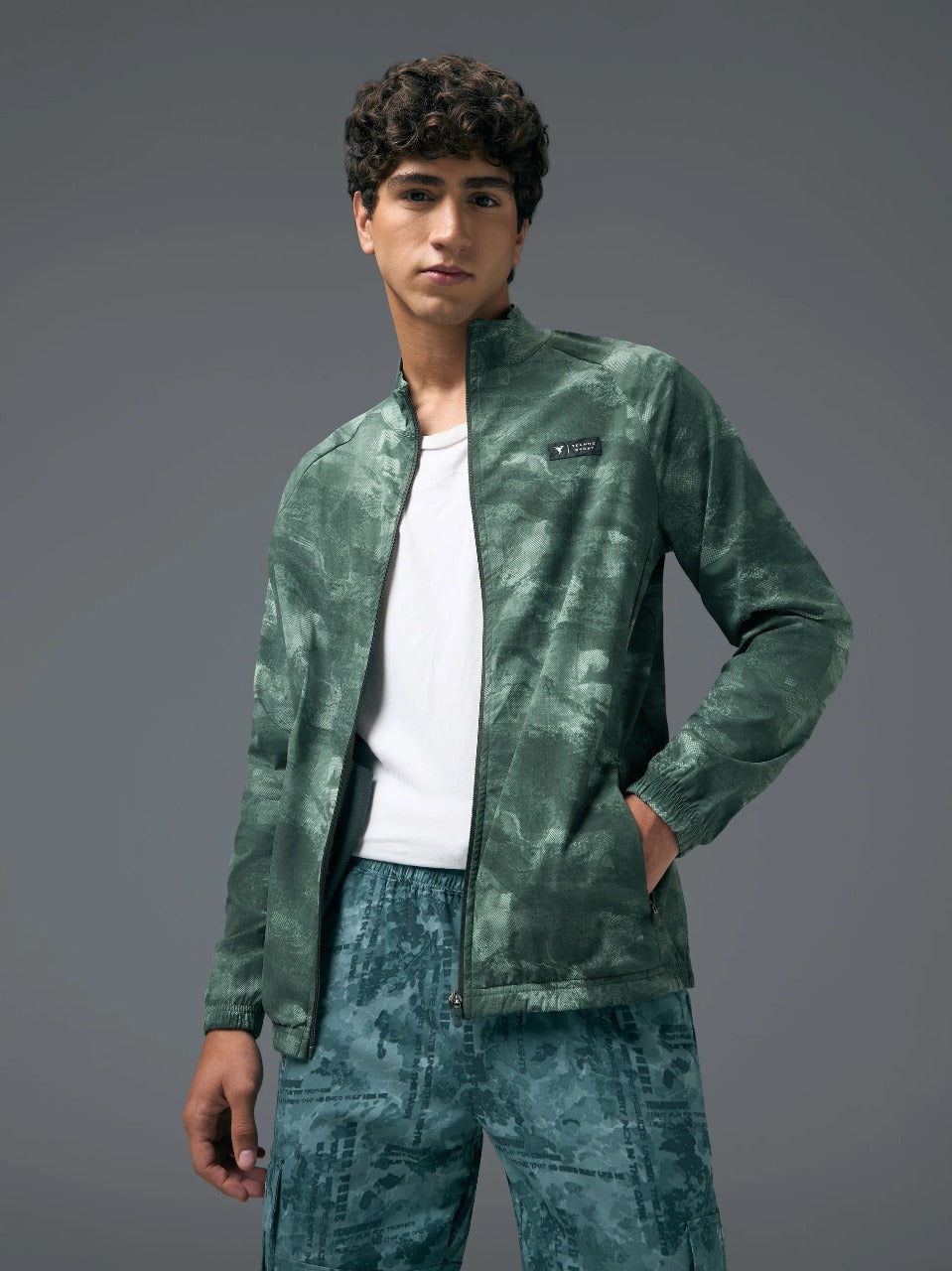 Technosport Printed Slim Fit Mock Neck Jacket with TS FLEXI For Men OR-92 (Muted Green)