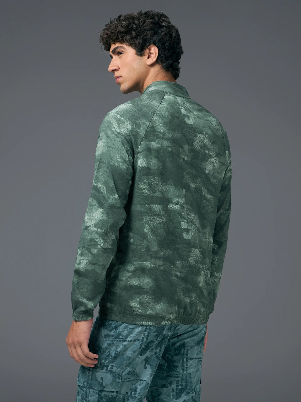 Technosport Printed Slim Fit Mock Neck Jacket OR-92 - Muted Green