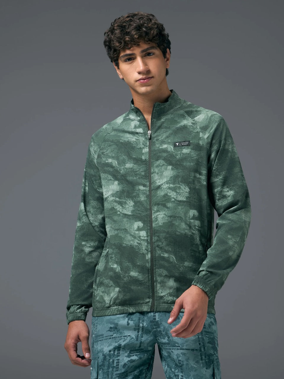 Technosport Printed Slim Fit Mock Neck Jacket OR-92 - Muted Green
