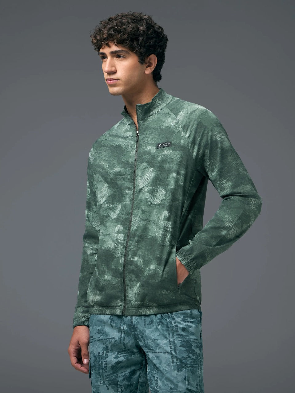 Technosport Printed Slim Fit Mock Neck Jacket OR-92 - Muted Green