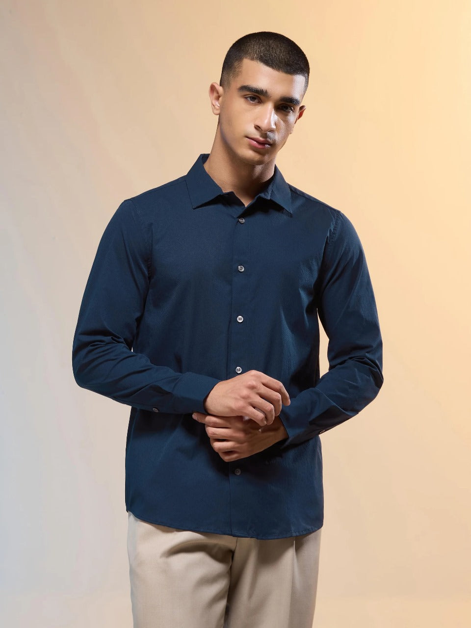 Technosport Solid Slim Fit Spread Collar Shirt with TS LYTRA For Men P-823 (Navy Blue)
