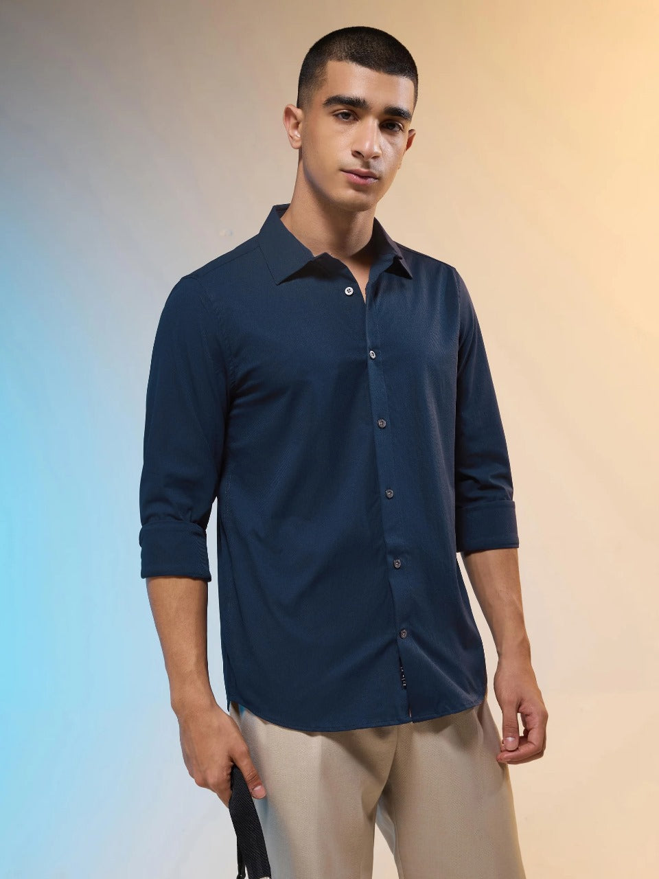Technosport Solid Slim Fit Spread Collar Shirt with TS LYTRA For Men P-823 (Navy Blue)