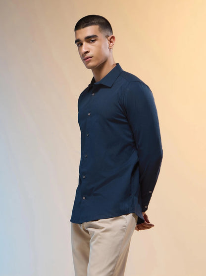 Technosport Solid Slim Fit Spread Collar Shirt with TS LYTRA For Men P-823 (Navy Blue)