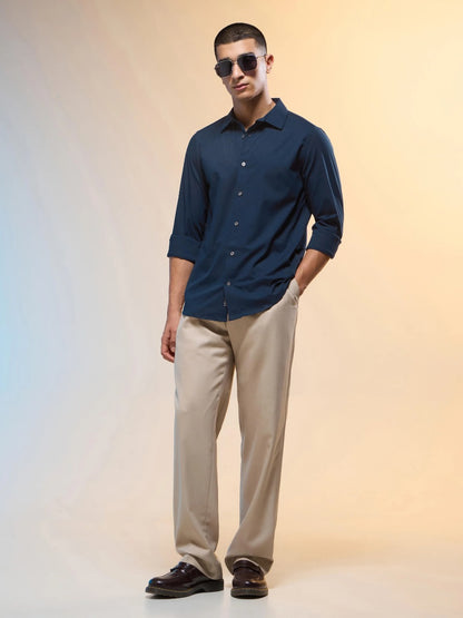 Technosport Solid Slim Fit Spread Collar Shirt with TS LYTRA For Men P-823 (Navy Blue)