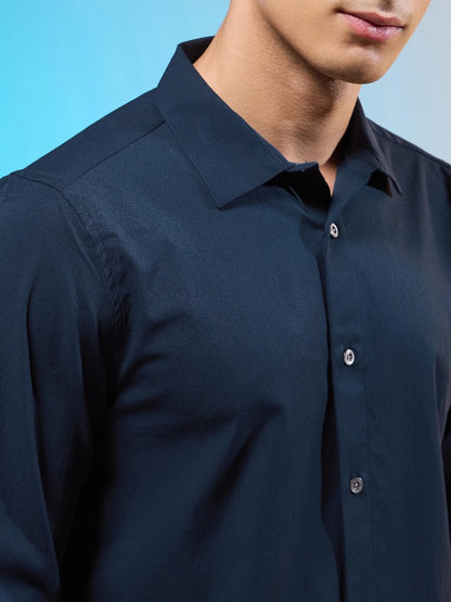 Technosport Solid Slim Fit Spread Collar Shirt with TS LYTRA For Men P-823 (Navy Blue)