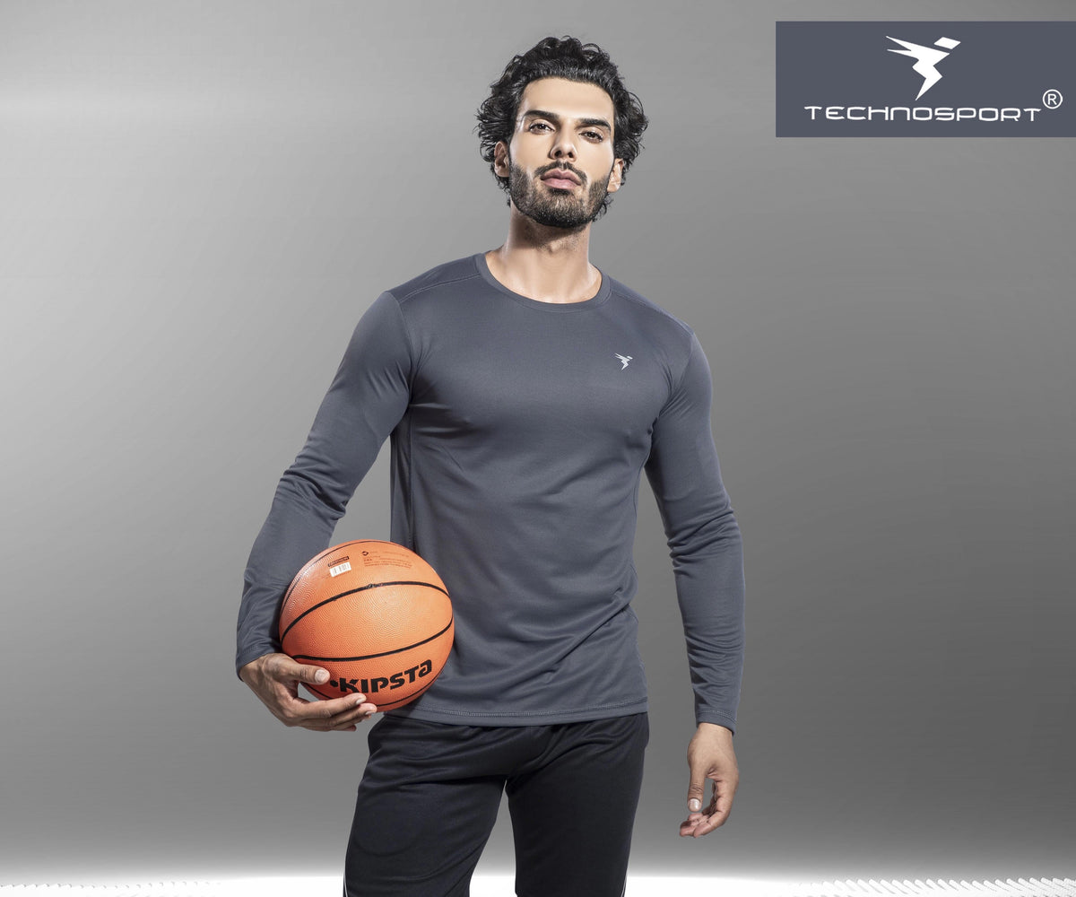 TechnoSport Crew Neck Full Sleeve Dry Fit T Shirt for Men OR-17 - Dark Grey