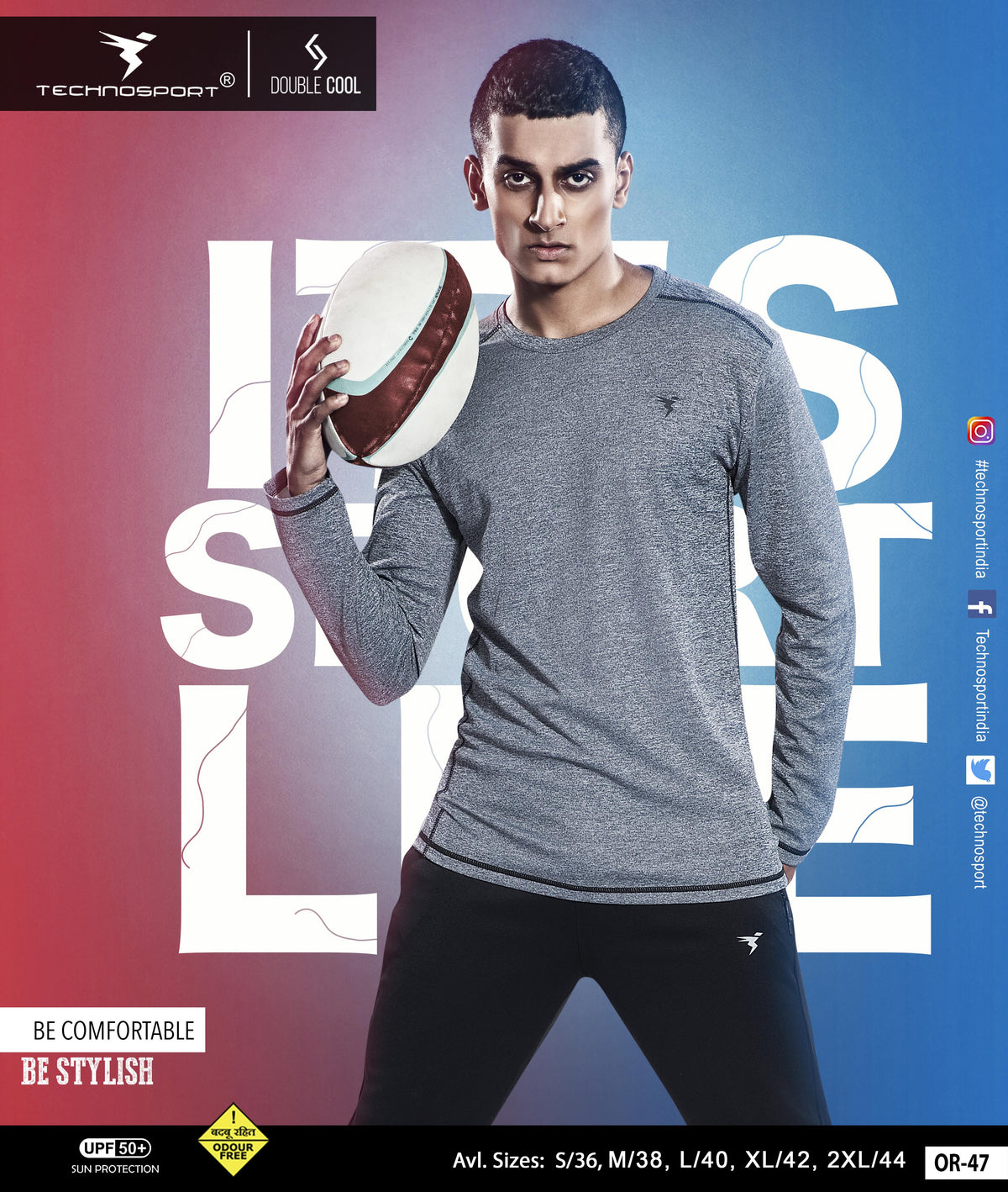 TechnoSport Crew Neck Full Sleeve Dry Fit T Shirt for Men OR-47 - Light Grey