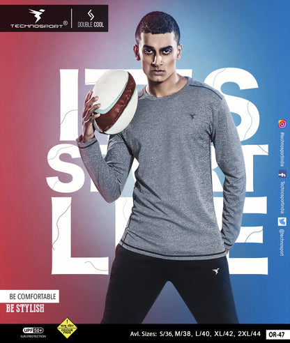 TechnoSport Crew Neck Full Sleeve Dry Fit T Shirt for Men OR-47 - Light Grey