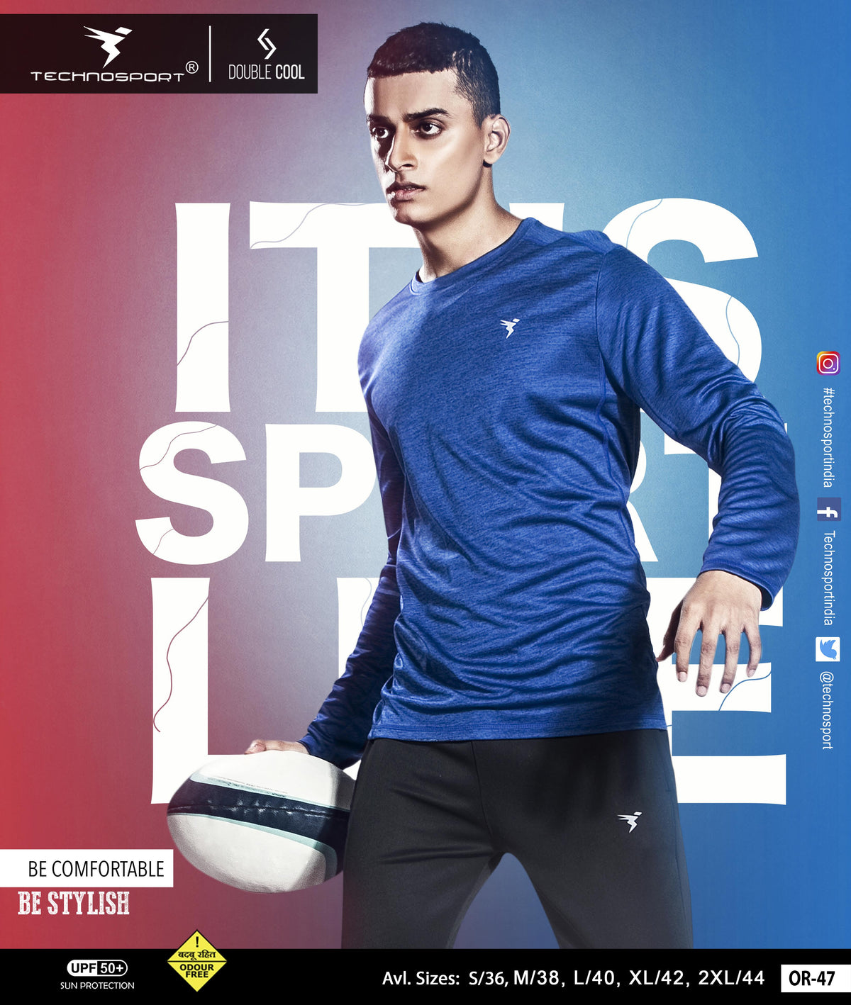 TechnoSport Crew Neck Full Sleeve Dry Fit T Shirt for Men OR-47 - Royal Blue