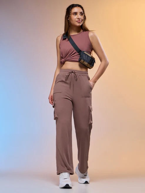 Women Solid Straight Fit Cargo Trackpants W-152 - OX Blood Red