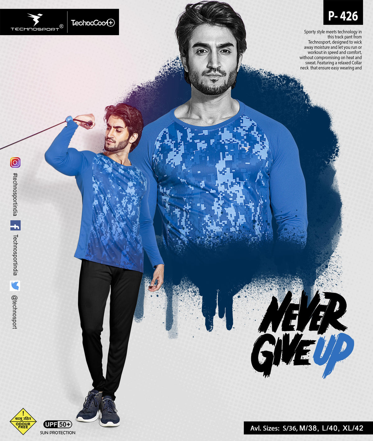 TechnoSport Crew Neck Full Sleeve Sublimation Dry Fit T-Shirt for Men P-426 - Royal Blue