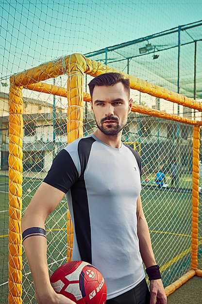 TechnoSport Crew Neck Half Sleeve Dry Fit T-Shirt for Men P 521 - Light Grey Black