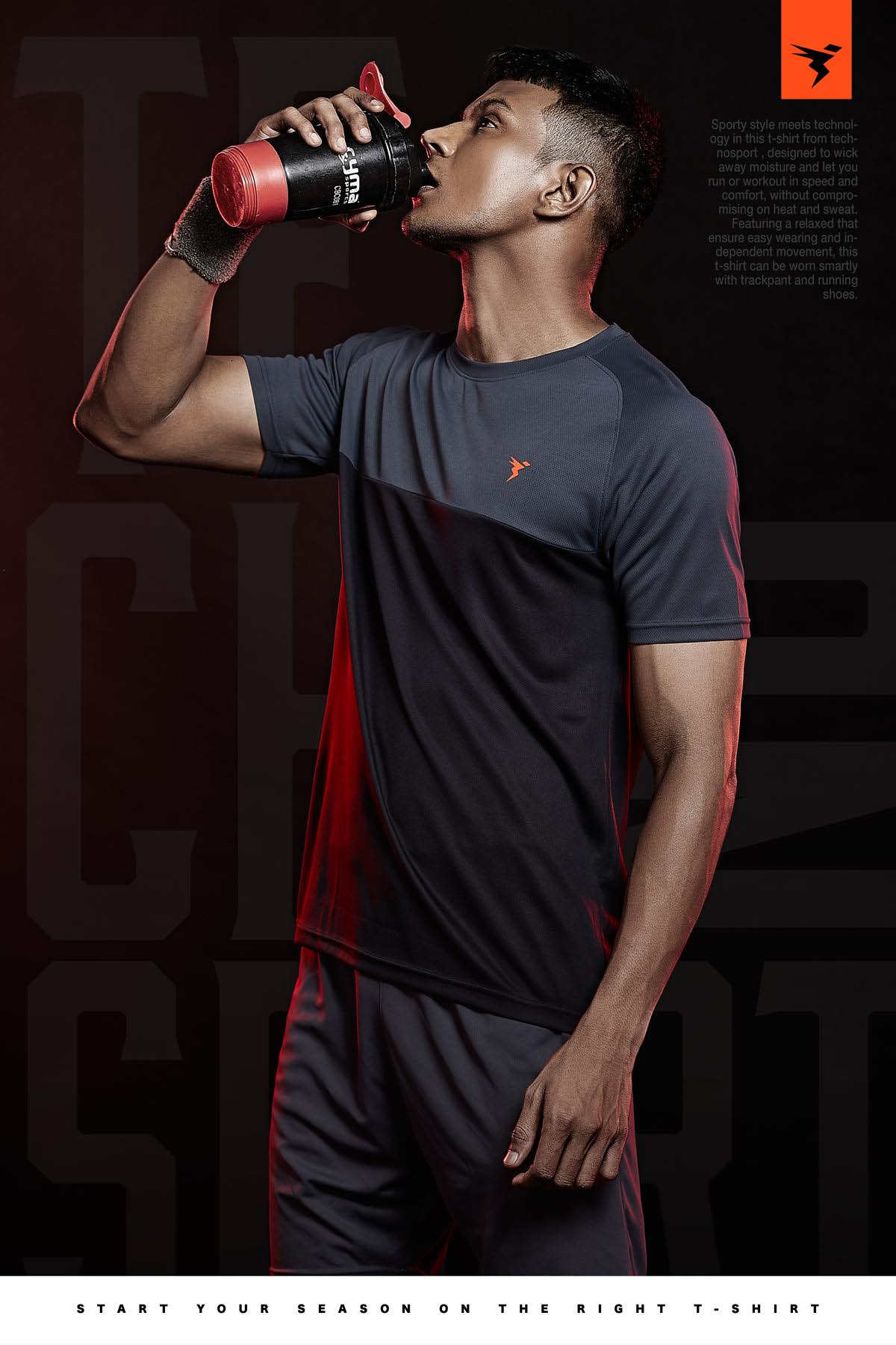 TechnoSport Crew Neck Half Sleeve Dry Fit T-Shirt for Men P 536 - Black Dark Grey