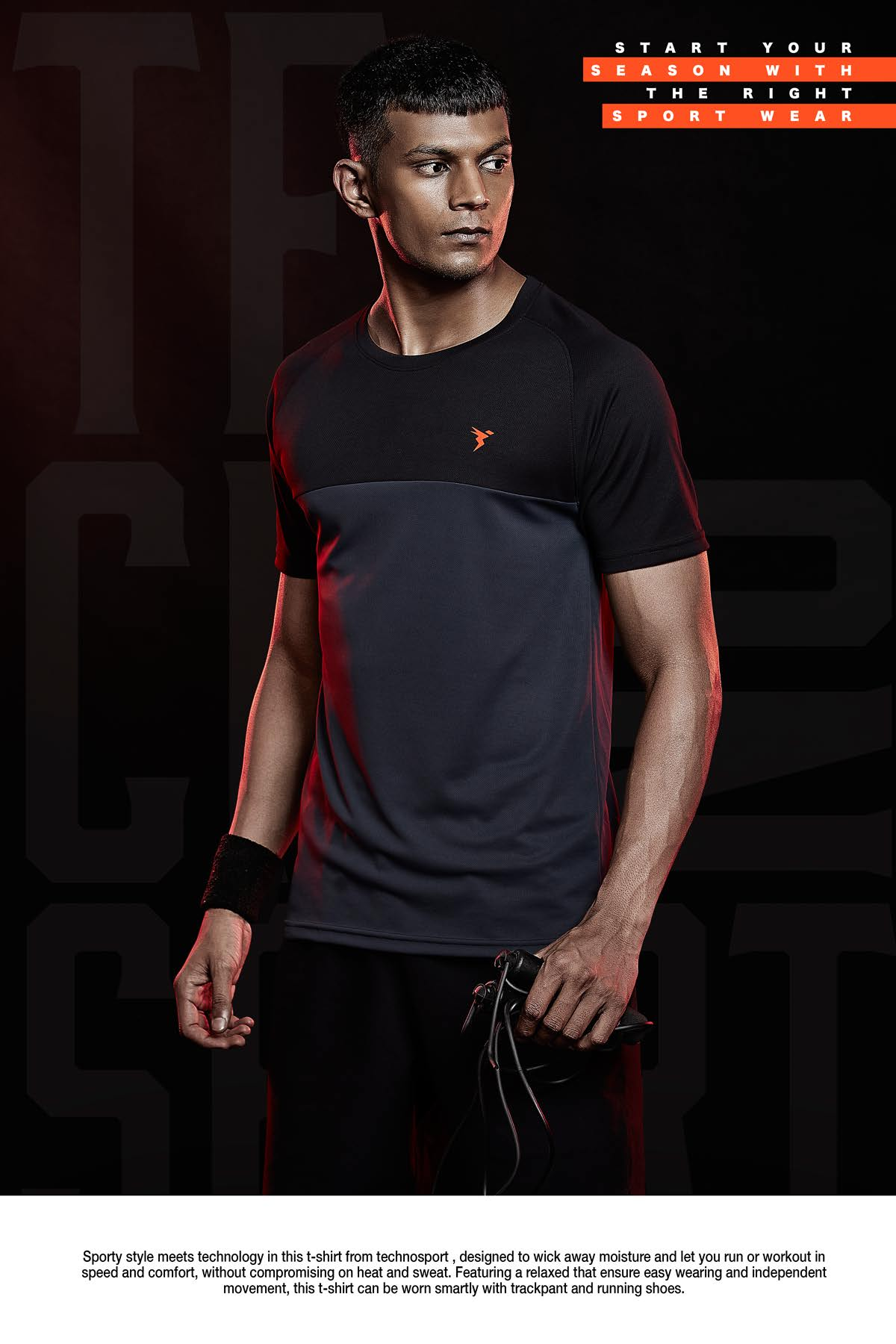 TechnoSport Crew Neck Half Sleeve Dry Fit T-Shirt for Men P 536 - Dark Grey Black