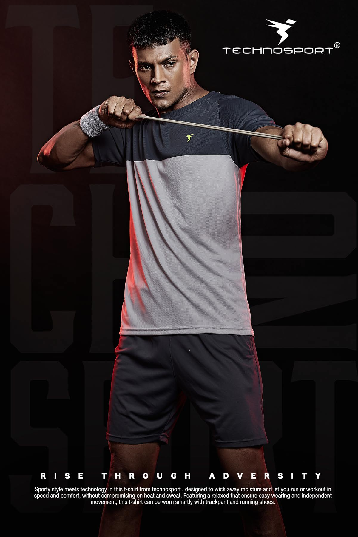 TechnoSport Crew Neck Half Sleeve Dry Fit T-Shirt for Men P 536 - Light Grey Dark Grey