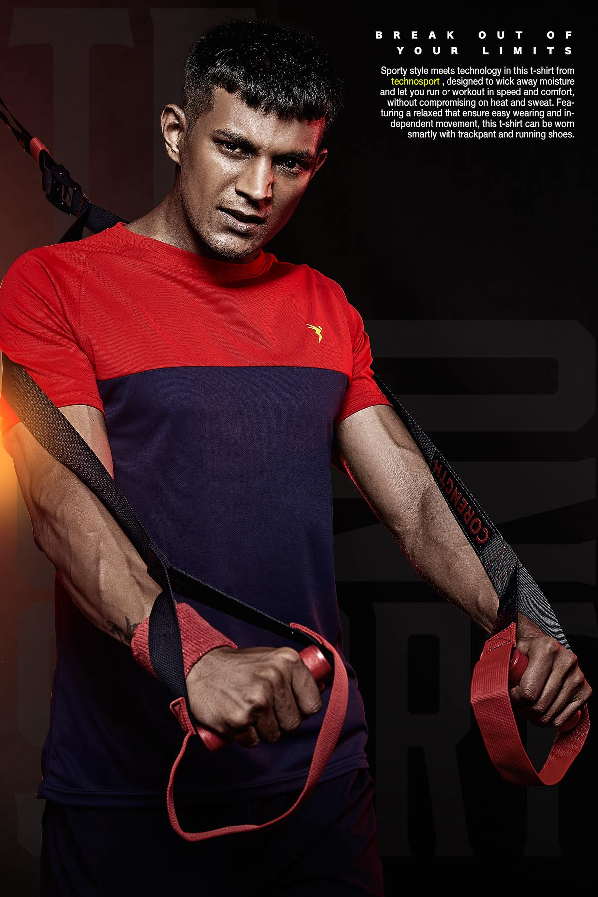 TechnoSport Crew Neck Half Sleeve Dry Fit T-Shirt for Men P 536 - Navy Blue Red